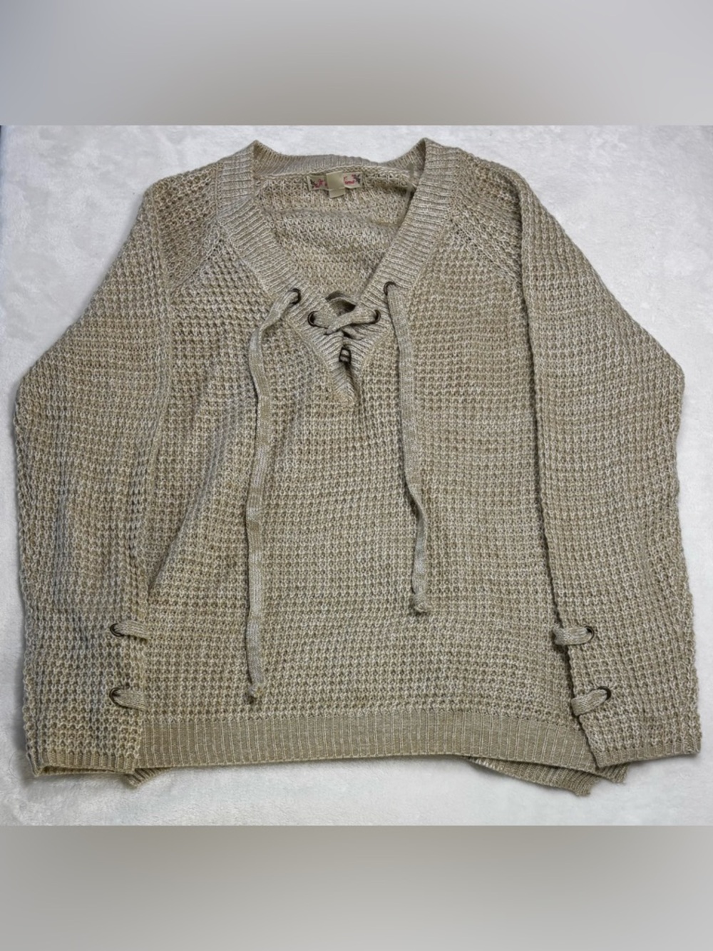 “It’s Our Time” XL women’s acrylic lace‑up knit sweater,  with side ties.